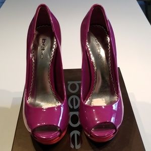 Bebe Sierra Purple Patent Open-Toe Heels